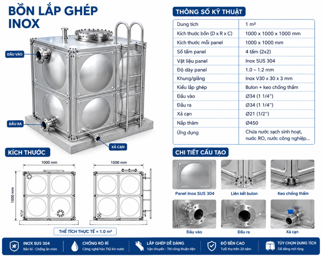 Bồn Nước Lắp Ghép Inox Chất Lượng, Bền Bỉ, Giá Tốt 8 Bồn Nước Lắp Ghép Inox